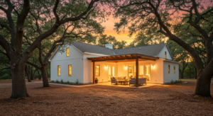 Shade structure on a patio of a white modern Fort Worth home