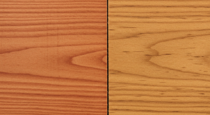 A visual comparison of the wood graina and color of Red cedar versus douglas fir