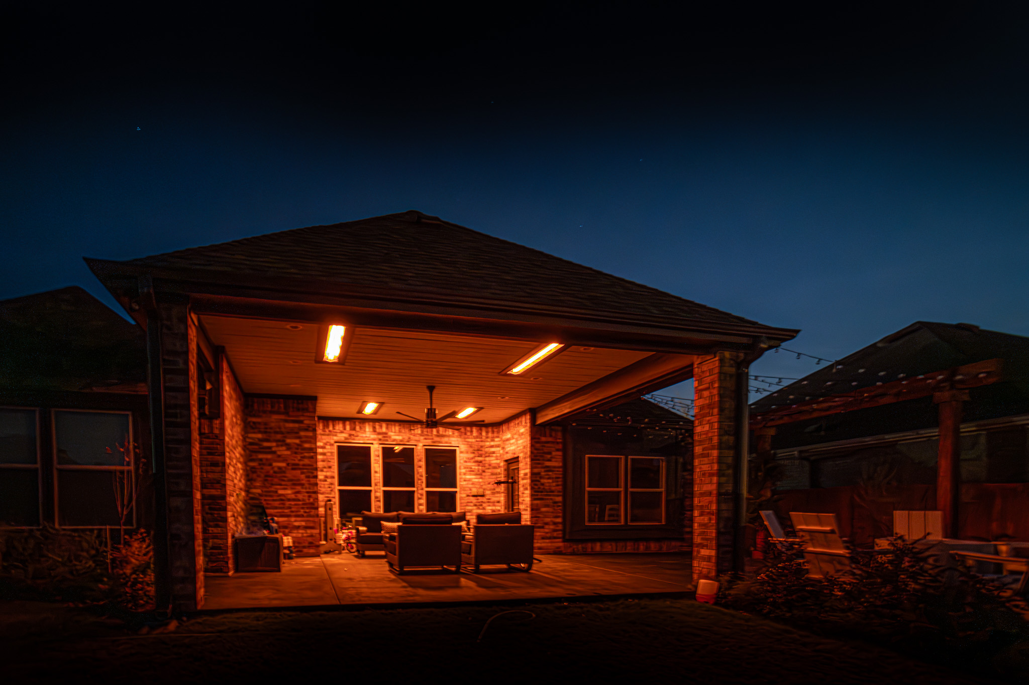 Covered patio with infrared heaters